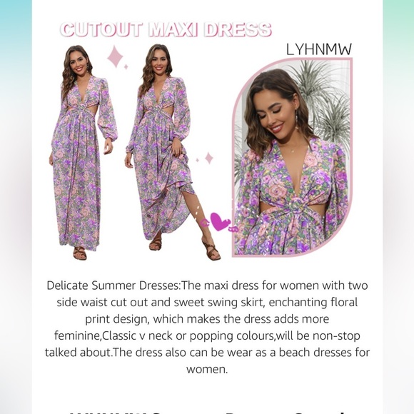 Romantic Floral Waist Cut Out Long Sleeve Flowy Long Maxi Beach Dress Sz10 NWT - Picture 7 of 7